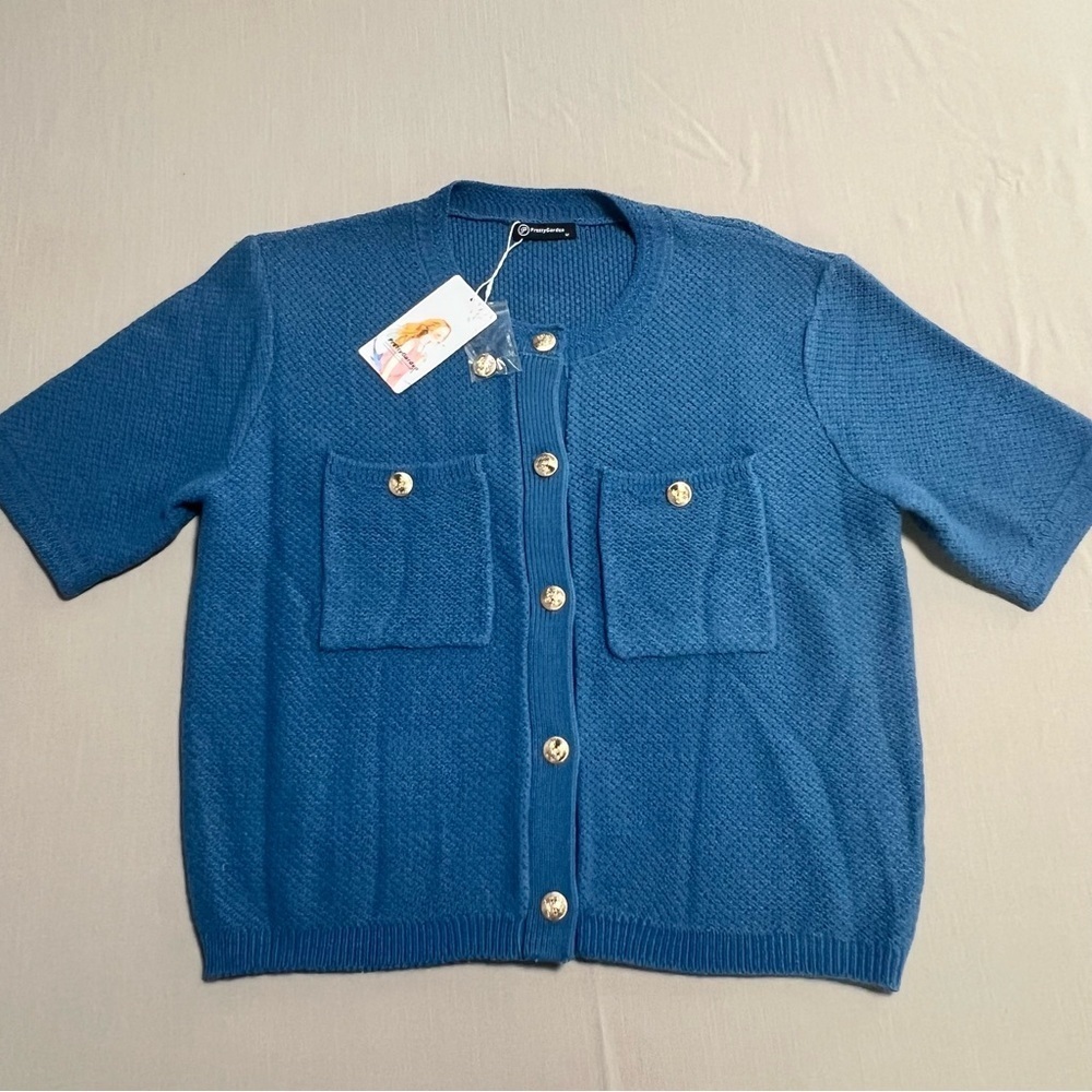 Blue Short Sleeve Knit Cardigan Sweater Women Med Gold Button Front Pockets NWT - Picture 2 of 13